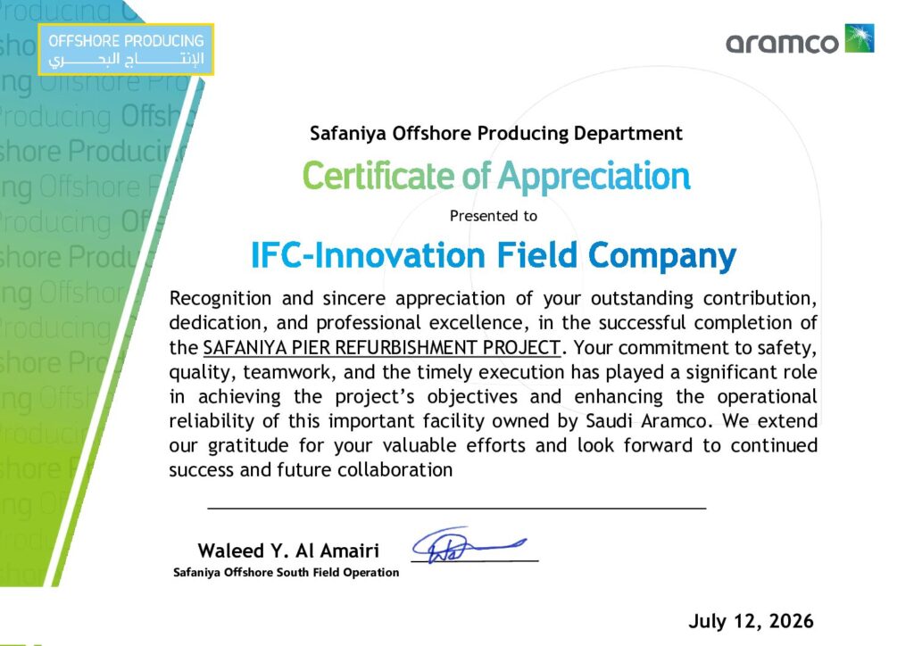 Offshore Producing - Certifficate of Appreciation LFC Pier